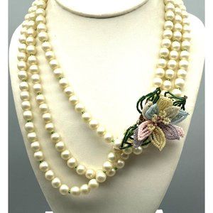 Vintage Triple Strand Floral Necklace, White Satin Finish Faux Pearls